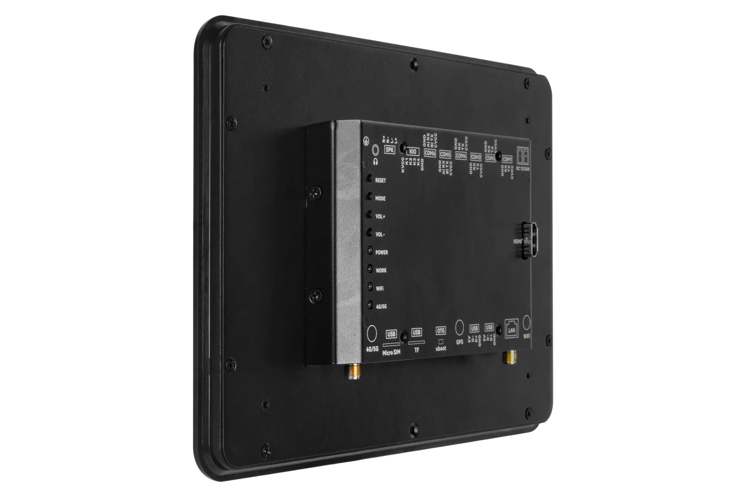 KEL-XS All-in-one PC จอสัมผัสอุตสาหกรรม 10.1 นิ้ว — ด้านหลังมุมเฉียง เห็นพอร์ต I/O