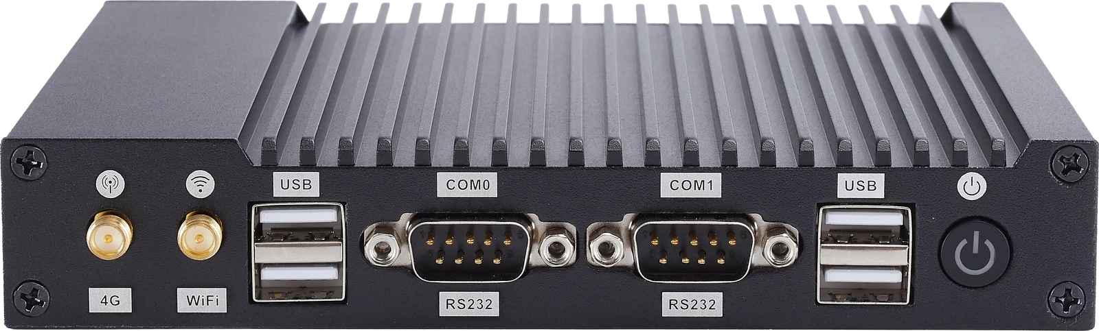 OCTIMUS B entry-level fanless mini PC front panel with USB, dual RS232 COM ports and power button