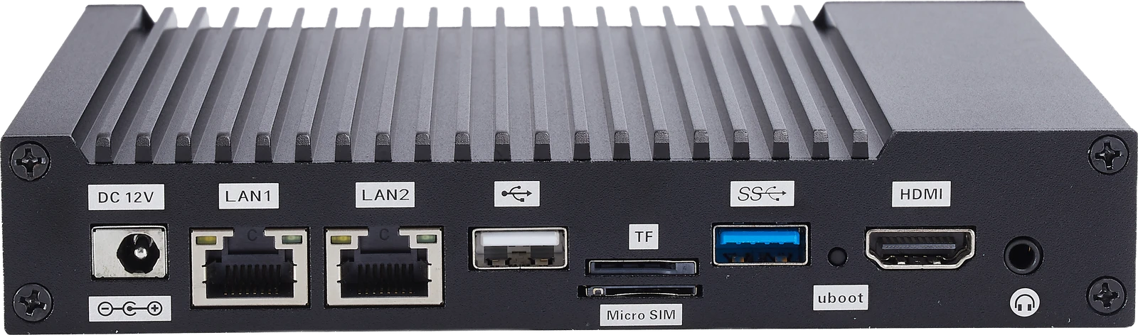 OCTIMUS B mini PC rear panel with DC input, USB, LAN and HDMI