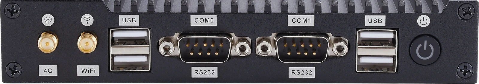 OCTIMUS Max front panel with dual RS232 COM ports, USB, 4G and Wi-Fi SMA connectors