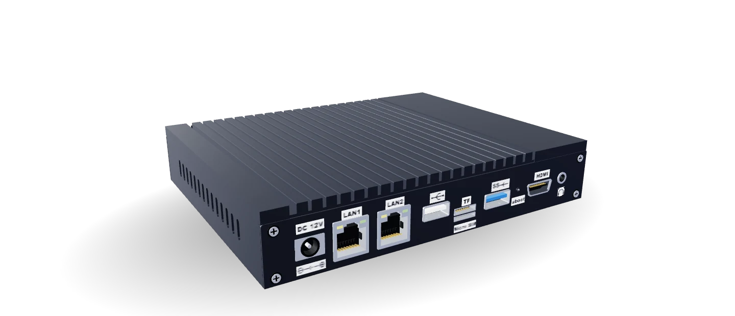 OCTIMUS Max fanless edge AI mini PC, rear I/O with DC 12V, LAN, HDMI, USB and SIM slot