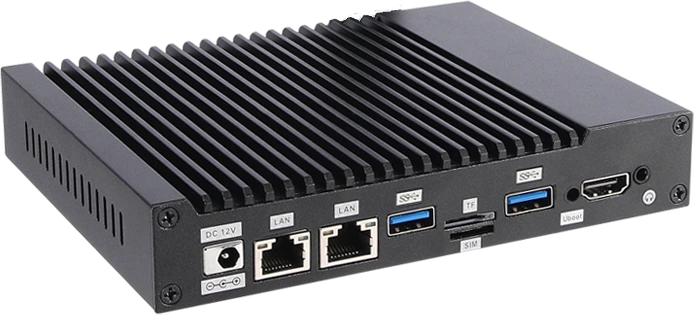 OCTIMUS Max fanless edge AI mini PC, rear I/O with DC 12V, LAN, HDMI, USB and SIM slot